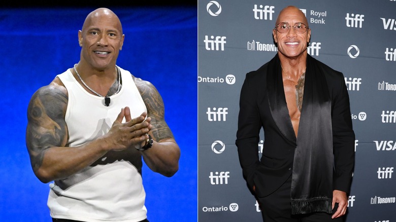 Split screen of Dwayne Johnson showing his massive arm muscles and Dwayne Johnson smiling
