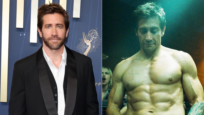 split screen of Jake Gyllenhaal looking serious and Jake Gyllenhaal shirtless and looking down