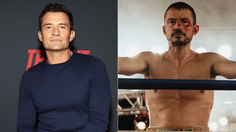 split screen of Orlando Bloom smiling slightly and looking grim