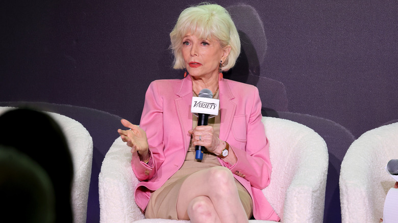 Leslie Stahl speaking with microphone