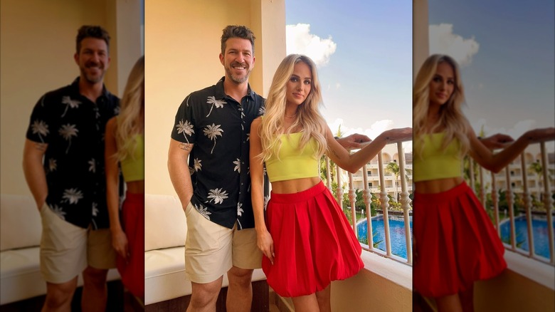 Tomi Lahren and her husband JP Arencibia smile while posing for a photo together on a balcony (2025)