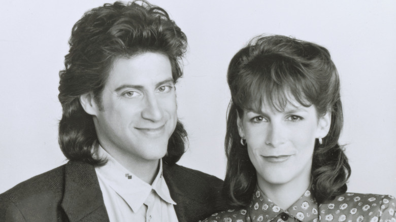 Black-and-white promotional photo of Richard Lewis and Jamie Lee Curtis from 'Anything but Love'