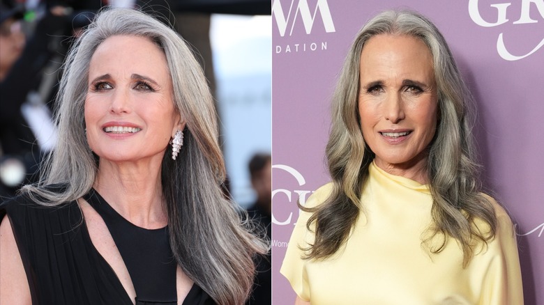 Two photos of Andie MacDowell with long hair