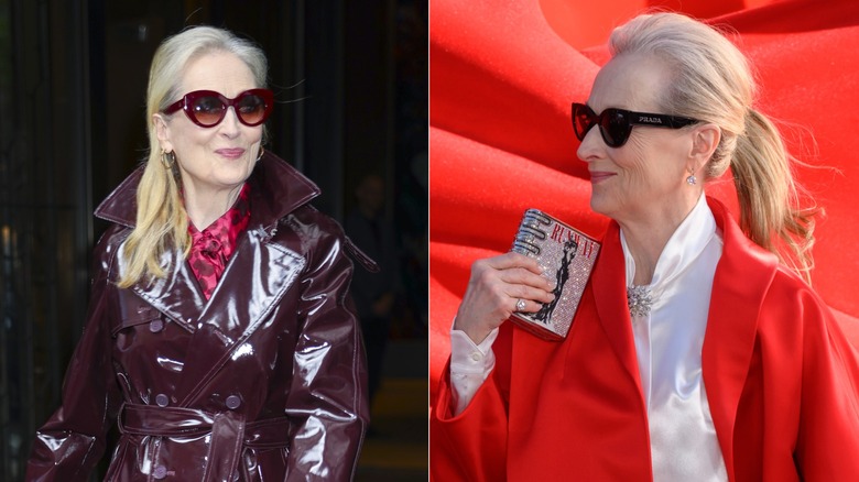 Two photos of Meryl Streep with her long white-gray hair