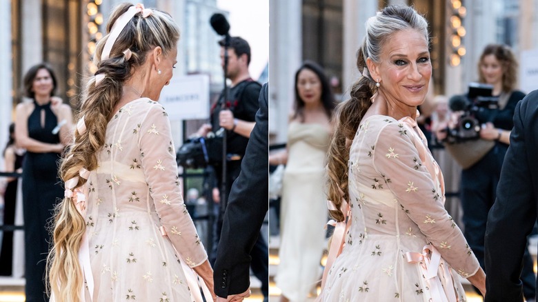 two pictures of Sarah Jessica Parker's long gray hair