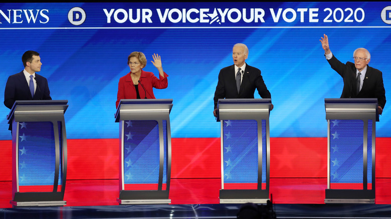 Pete Buttigieg, Elizabeth Warren, Joe Biden, and Bernie Sanders during a presidential debate