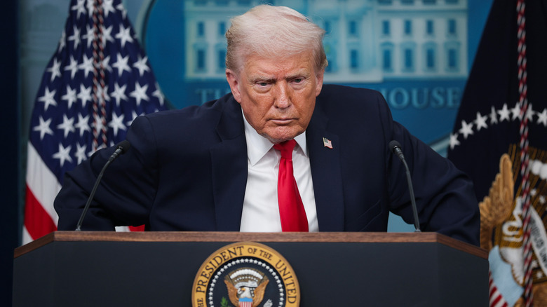 President Donald Trump takes questions from the media during a press briefing in the James S. Brady Press Briefing Room of the White House on January 20, 2026 in Washington, DC.