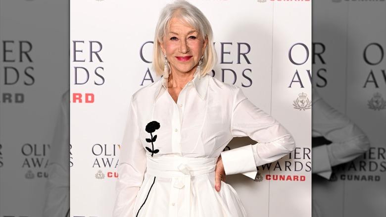 Dame Helen Mirren poseing inside the Winners Room at the 2026 Olivier Awards.