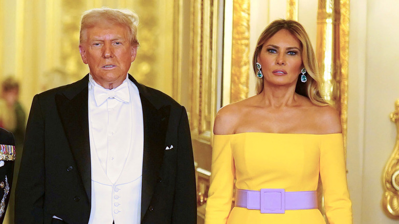 Donald Trump and Melania Trump grimacing as they stand next to each other in their finery