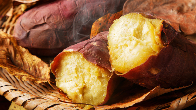 Japanese potatoes broken open and steaming as skincare items