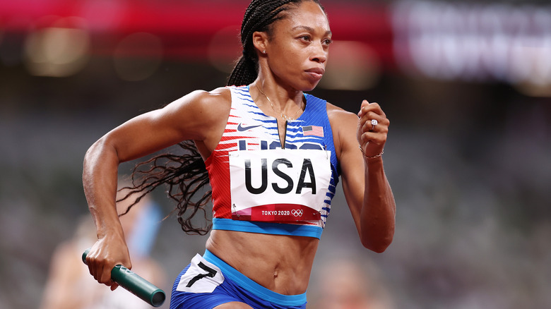 Allyson Felix looks super serious while running.