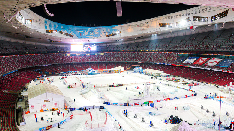 Night View from inside the vast Bird's Nest National Stadium preparing for the 2022 Beijing Winter Olympics and Paralympic Games