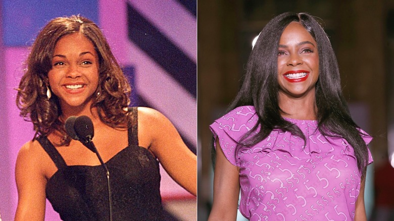 Split image of Lark Voorhies at the 1994 Kid's Choice Awards & at the Society Fashion Show in 2023