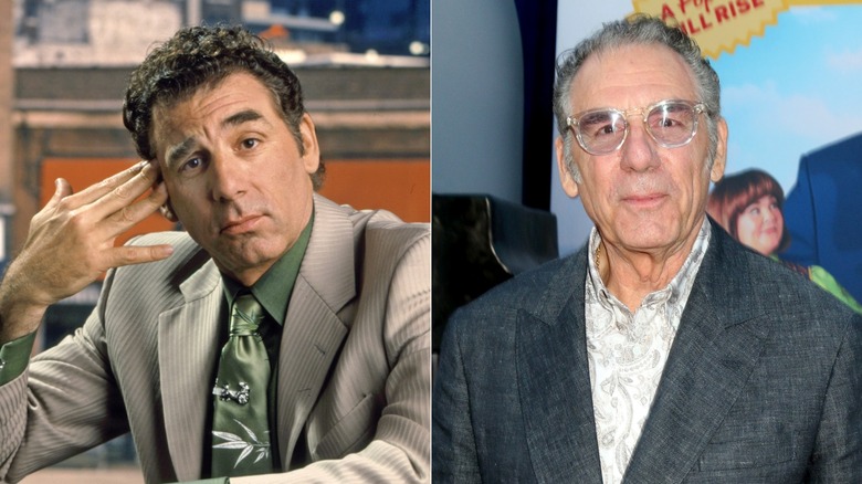Split image of Michael Richards posing for a portrait in 2000 & attending the 2024 premiere of "Unfrosted"