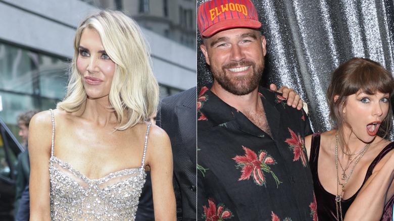 Split image of Charissa Thompson in a sparkly dress (Left) and Travis Kelce and Taylor Swift posing backstage at "Oh Mary!" (Right)