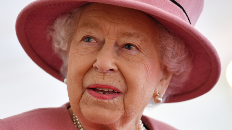 Queen Elizabeth looks bemused in an all-pink outfit