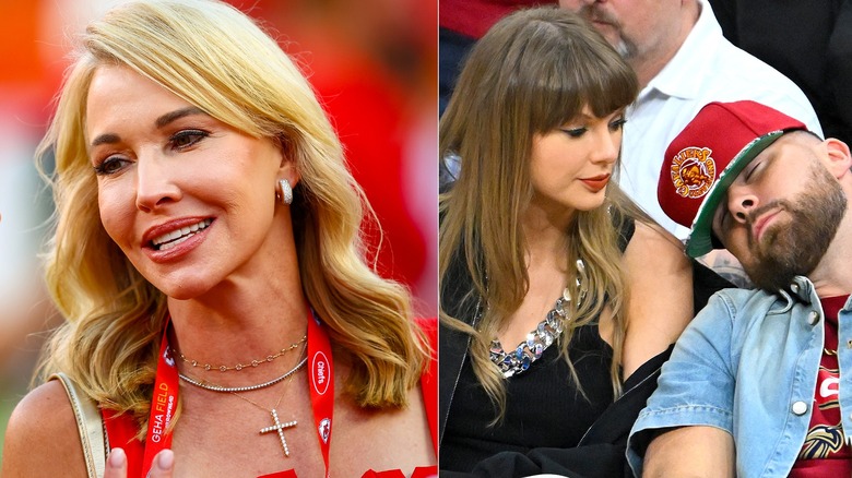Tavia Hunt smiling; Taylor Swift with Travis Kelce pretending to sleep at basketball game
