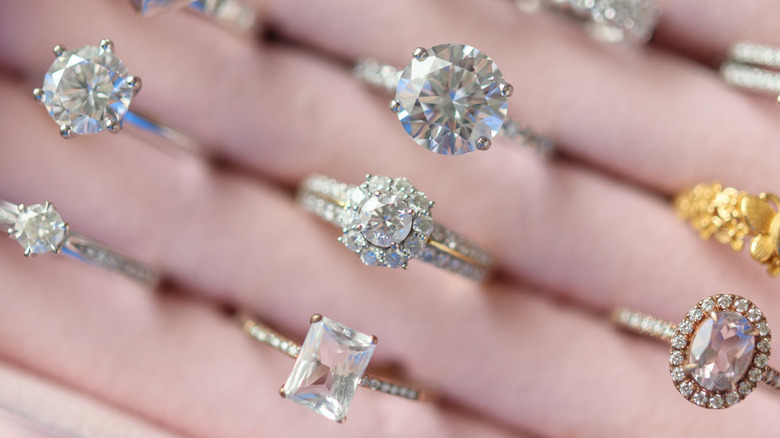 Diamond rings in a display case