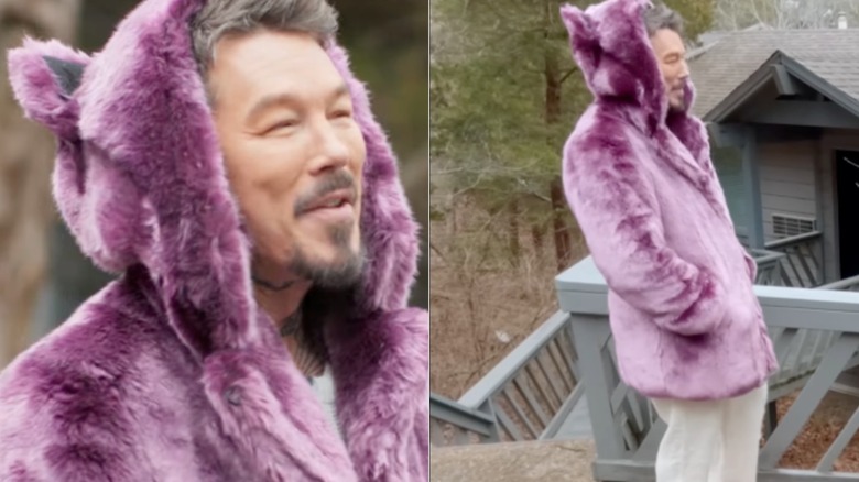 Split image of David Bromstad wearing a purple bear fur coat