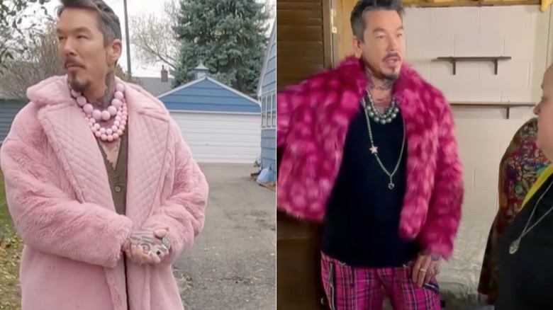 Split image of David Bromstad wearing a big pink coat & wearing a fuchsia jacket with plaid pants