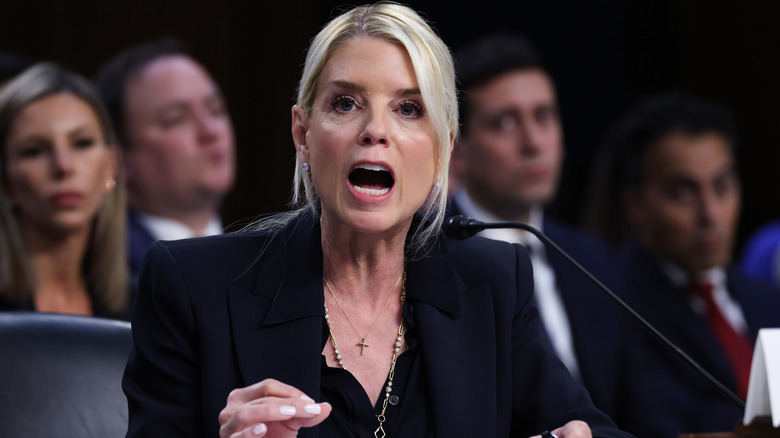 Pam Bondi shouting into her microphone during her October Senate hearing