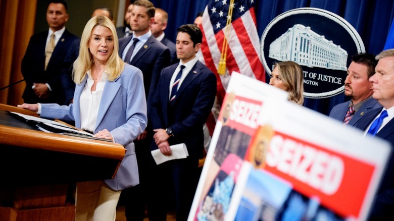 Pam Bondi speaks during a news conference at the Department of Justice (2025)