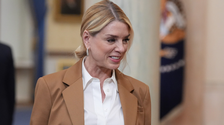 Attorney General Pam Bondi arrives before President Donald Trump speaks about the Iran war from the Cross Hall of the White House on April 1, 2026 in Washington, DC. Trump used the prime-time address to update the nation on the war in Iran.