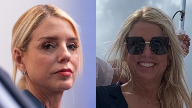 Pam Bondi during a White House briefing in February 2026, left; Bondi in October 2020 promoting Donald Trump's presidential campaign
