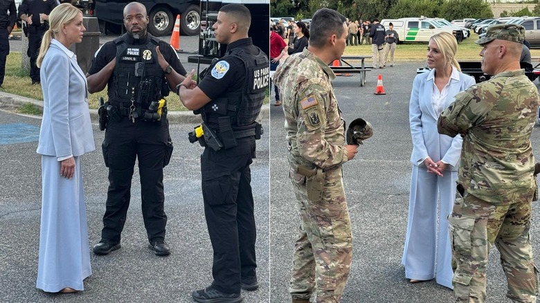 split screen of Pam Bondi talking to police and military