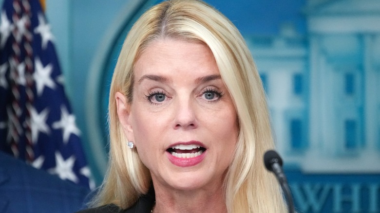 Pam Bondi speaks during a press conference in the Brady Press Briefing Room of the White House (2025)