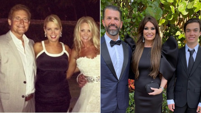 Split image of Pam Bondi attending a wedding dressed in black and Kimberly Guilfoyle attending a wedding in black