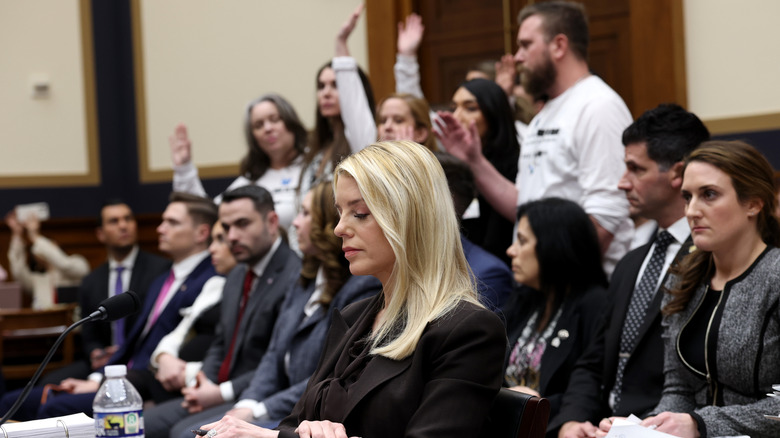 Survivors of convicted sex-offender Jeffrey Epstein stand in the audience as U.S. Attorney General Pam Bondi testifies before the House Judiciary Committee in the Rayburn House Office Building on February 11, 2026.