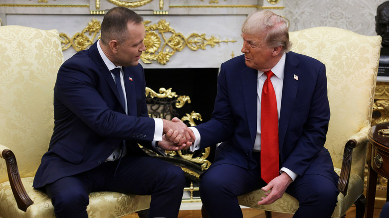 Donald Trump looking serious while shaking hands with Polish President Karol Nawrocki