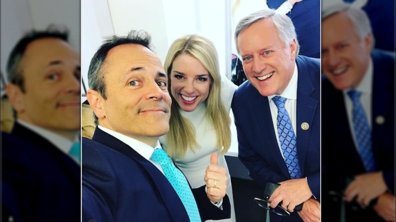 Pam Bondi poses between Matt Bevin and Mark Meadows at Fox News Studios (2019)