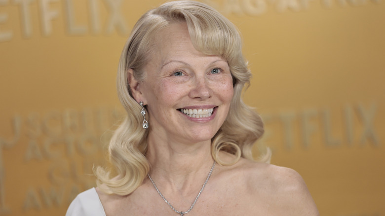 Pamela Anderson smiling at the SAG Awards in 2025