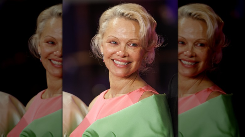 Pamela Anderson smiling in a pink dress with a green shawl
