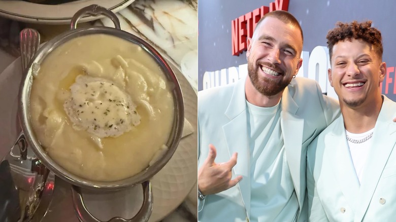 Side-by-side of mashed potatoes, Travis Kelce, and Patrick Mahomes
