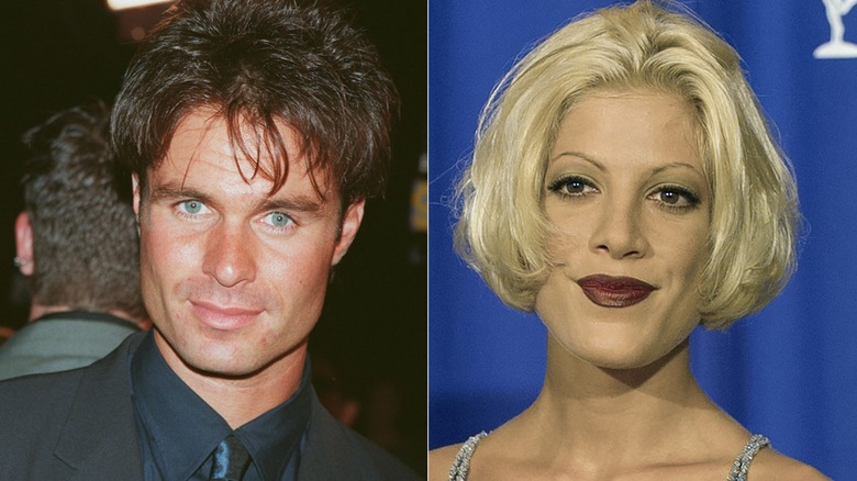 Side-by-side images of Patrick Muldoon and Tori Spelling