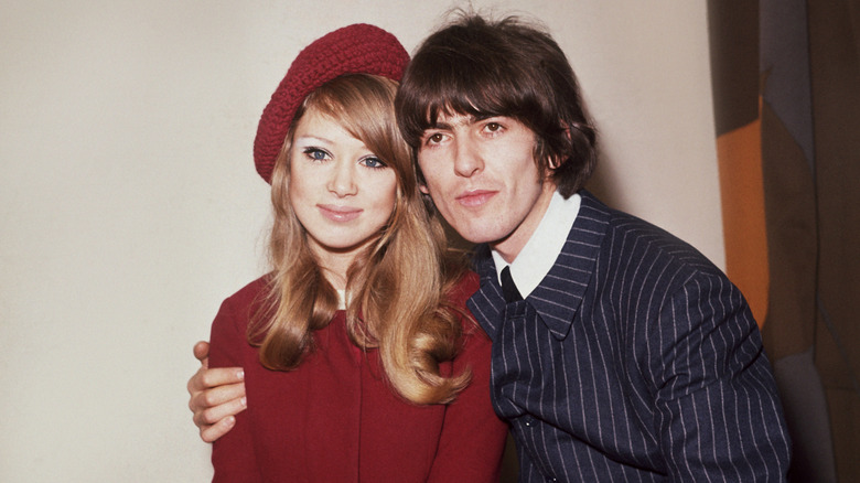 Pattie Boyd and George Harrison posing for a wedding portrait in January 1966