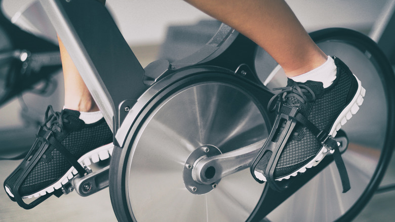 Closeup of person pedaling exercise bike