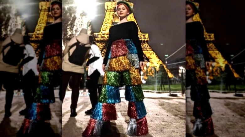 woman wearing tinsel pants