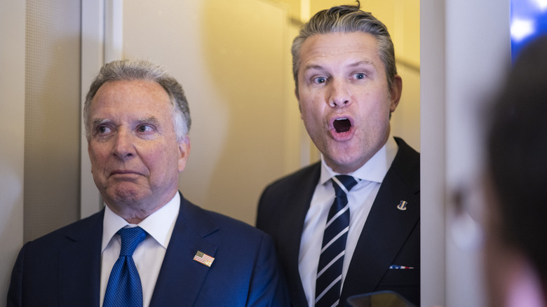 U.S. Secretary of defense Pete Hegseth answers a question as he, U.S. President Donald Trump and United States Special Envoy to the Middle East Steve Witkoff speak to members of the media traveling on Air Force One as President Trump heads to Miami on March 7, 2026.