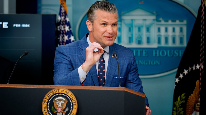 Pete Hegseth delivering a speech