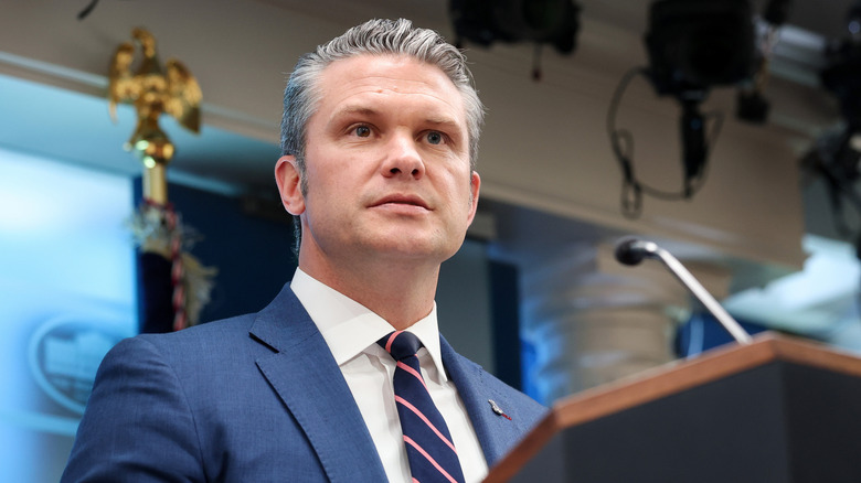 Pete Hegseth speaks during a news conference in James S. Brady Press Briefing Room of the White House on April 06, 2026 in Washington, DC.