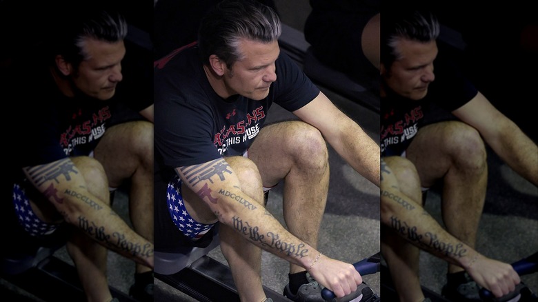 Pete Hegseth working out with arm tattoo detail