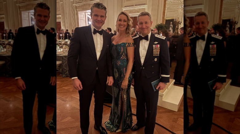 Pete Hegseth and Jennifer Cunningham Hegseth pose together at a White House state diner (2025)