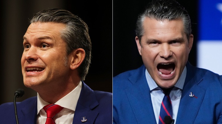Pete Hegseth in January 2025 at his confirmation hearing & Pete Hegseth giving a speech to military officials