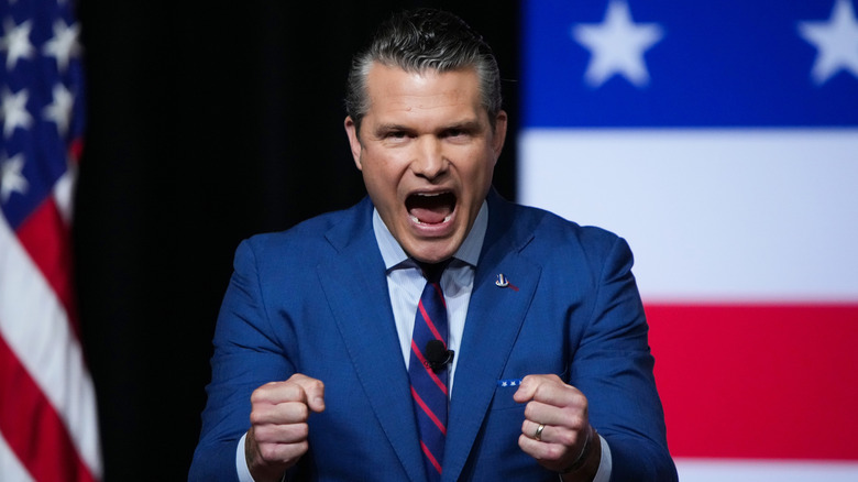 Pete Hegseth delivering a speech at Quantico