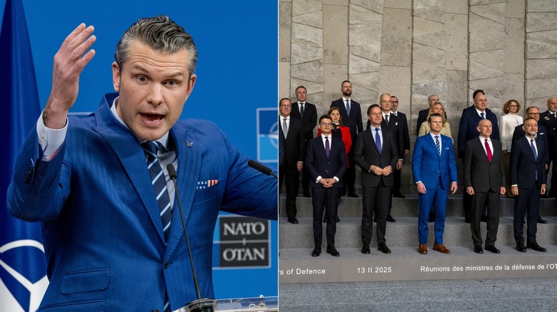split screen of Pete Hegseth talking and raising his arms and a group photo with Hegseth looking serious