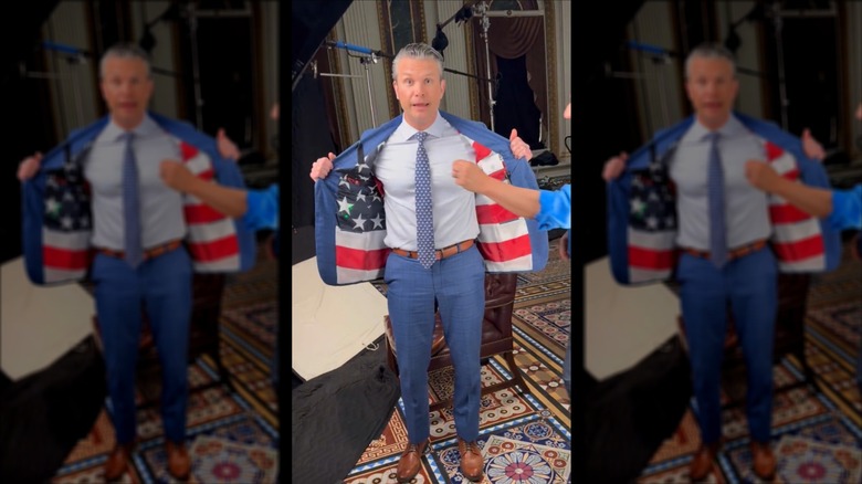 Pete Hegseth showing off jacket lining in patriotic outfit